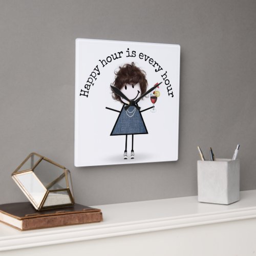 Happy Hour Stick Girl With Cocktail  Square Wall Clock