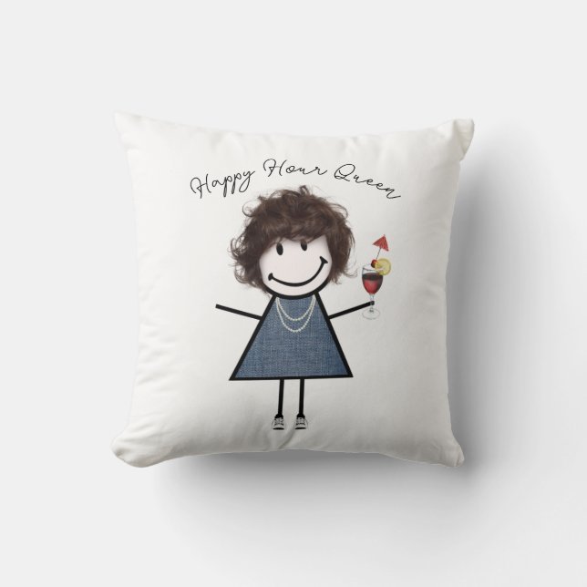 Happy Hour Stick Girl with Cocktail  Throw Pillow (Front)