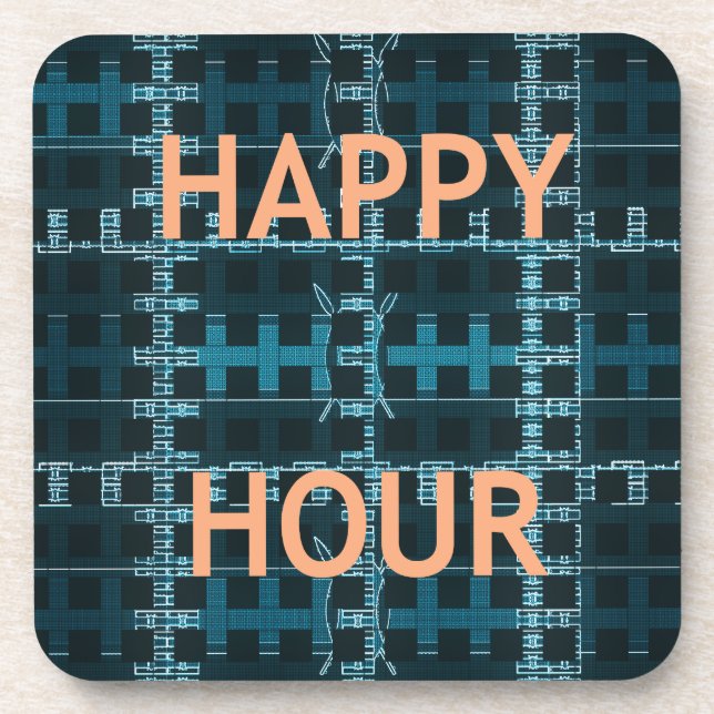 Happy Hour Text Blue Vector Art Print Beverage Coaster (Front)