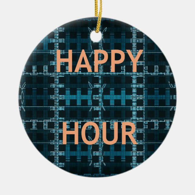 Happy Hour Text Blue Vector Art Print Ceramic Ornament (Front)