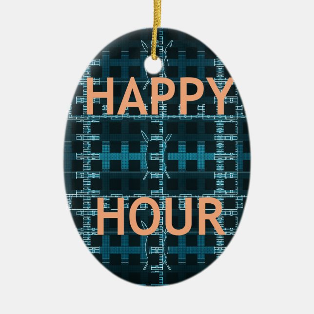 Happy Hour Text Blue Vector Art Print Ceramic Ornament (Front)
