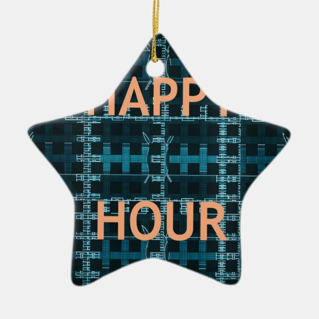 Happy Hour Text Blue Vector Art Print Ceramic Ornament (Front)