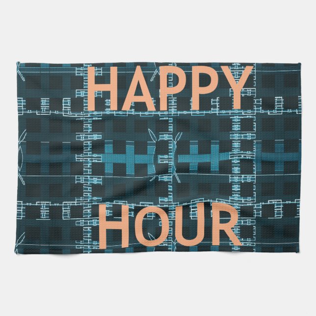 Happy Hour Text Blue Vector Art Print Kitchen Towel (Horizontal)