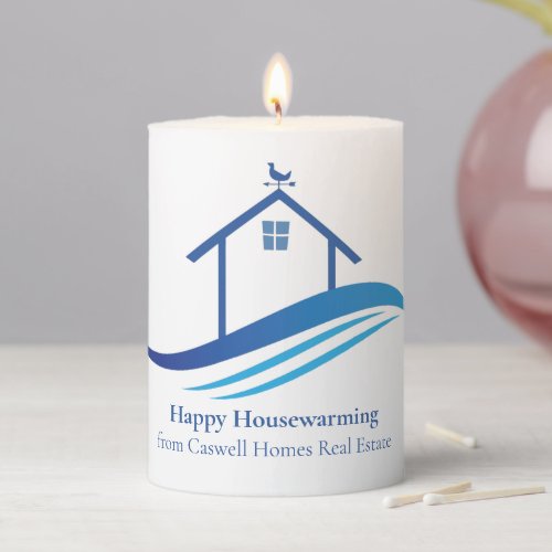 Happy Housewarming Real Estate Company Blue Custom Pillar Candle