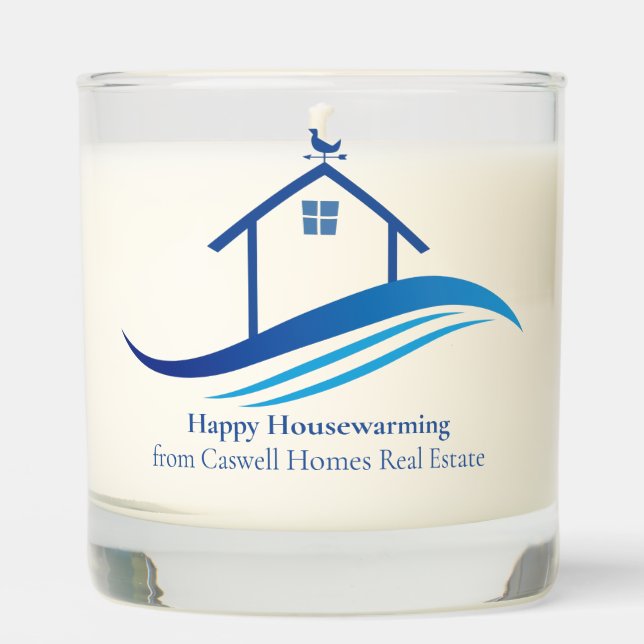 Happy Housewarming Real Estate Company Blue Custom Scented Candle (Front)