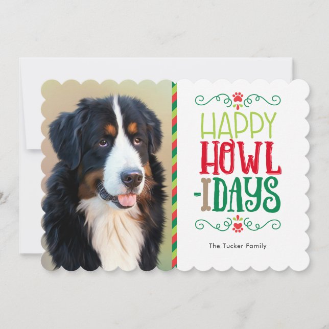 Happy Howl-idays Paw Print Christmas Photo Card (Front)