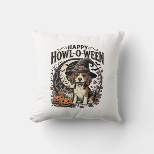 Happy Howl-O-Ween Beagle Witch Hat Halloween Shirt Throw Pillow