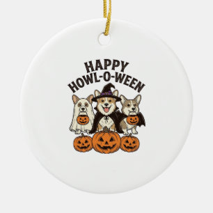 Happy Howl-O-Ween Corgi Halloween Dog Vector Desig Ceramic Ornament