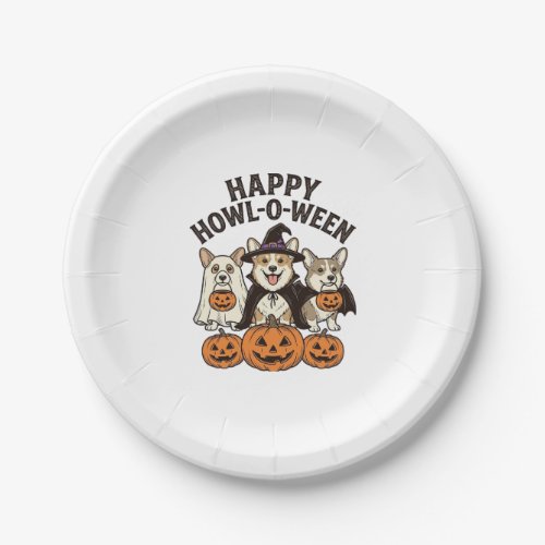 Happy Howl-O-Ween Corgi Halloween Dog Vector Desig Paper Plates