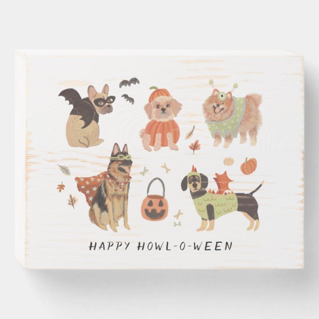 Happy Howl-o-ween Painted Dogs Halloween Wooden Box Sign (Front Horizontal)