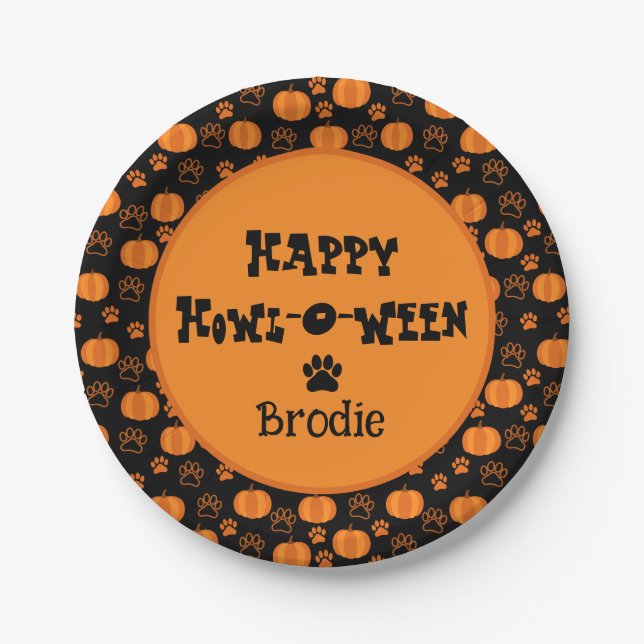 Happy Howl-O-Ween Personalized Dog Halloween Paper Plates (Front)
