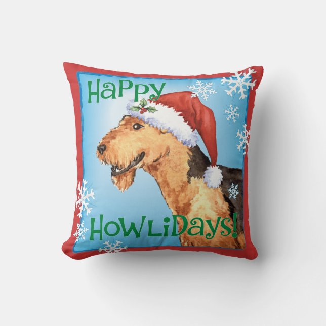 Happy Howliday Airedale Throw Pillow (Front)
