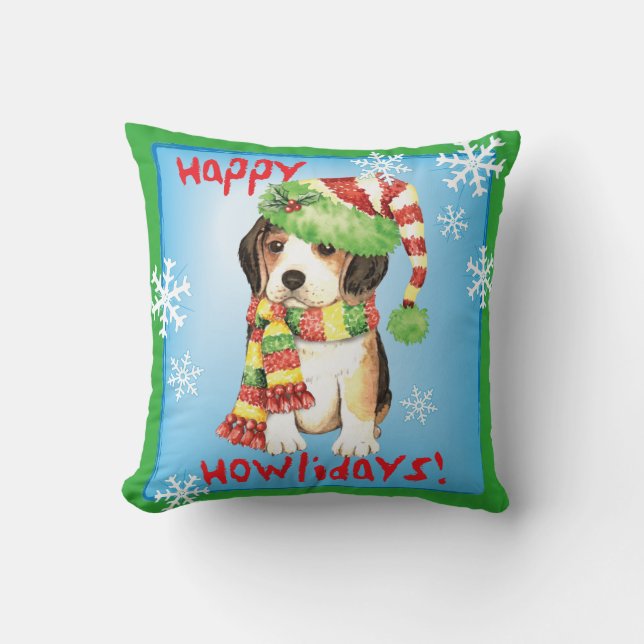Happy Howliday Beagle Throw Pillow (Front)