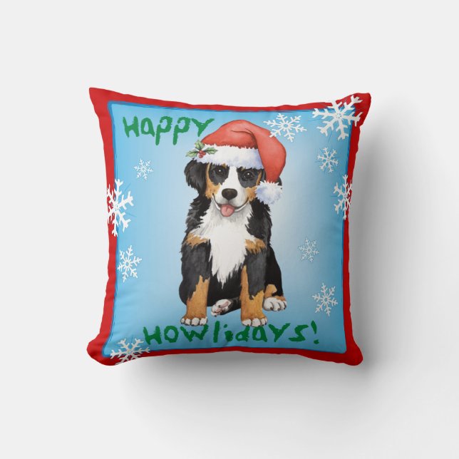 Happy Howliday Berner Throw Pillow (Front)