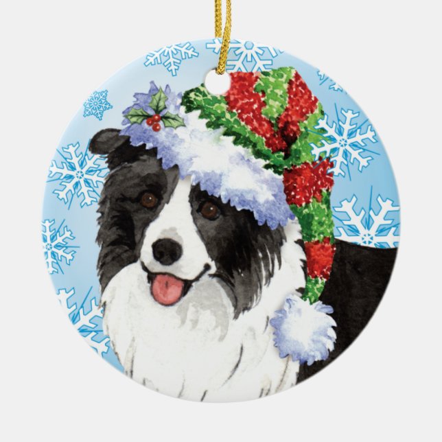 Happy Howliday Border Collie Ceramic Ornament (Front)