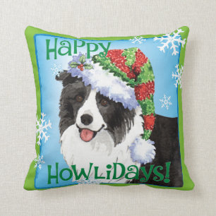 Happy Howliday Border Collie Throw Pillow