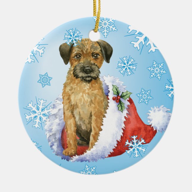 Happy Howliday Border Terrier Ceramic Ornament (Front)