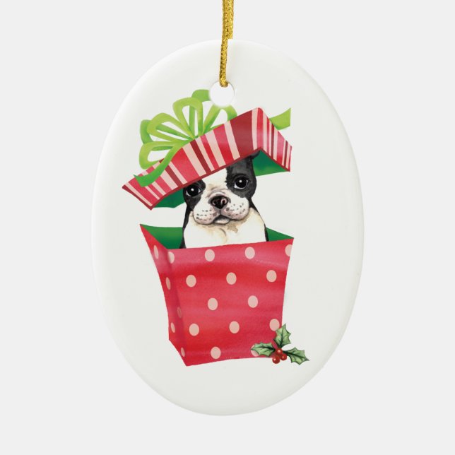 Happy Howliday Boston Terrier Ceramic Ornament (Front)