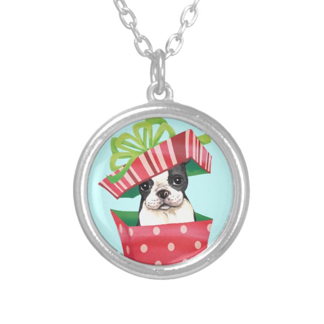Happy Howliday Boston Terrier Silver Plated Necklace (Front)