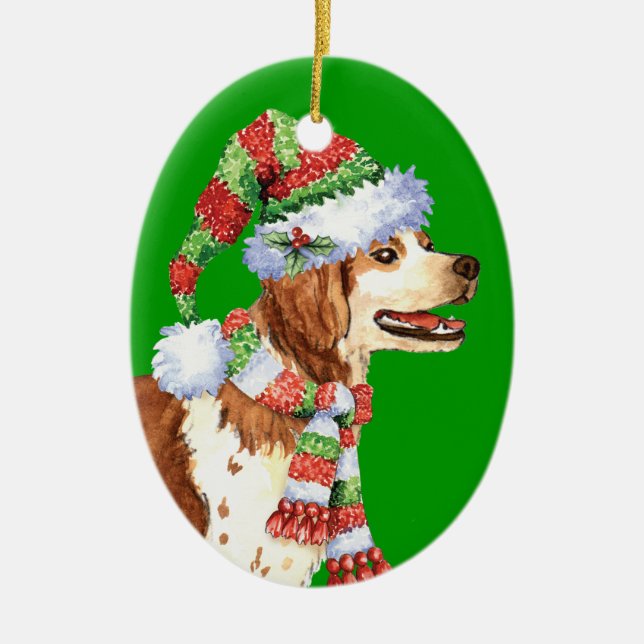 Happy Howliday Brittany Ceramic Ornament (Front)
