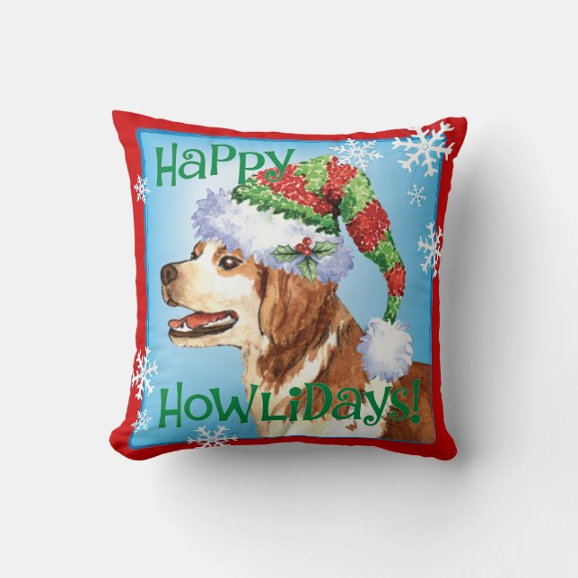 Happy Howliday Brittany Throw Pillow (Front)