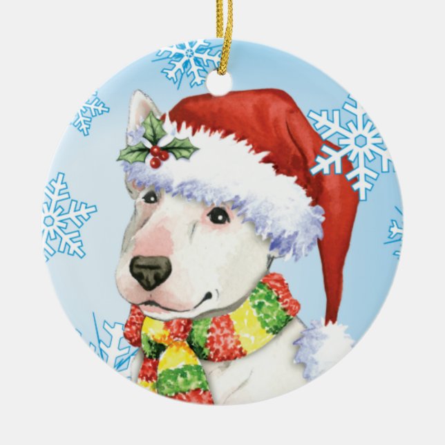 Happy Howliday Bull Terrier Ceramic Ornament (Front)