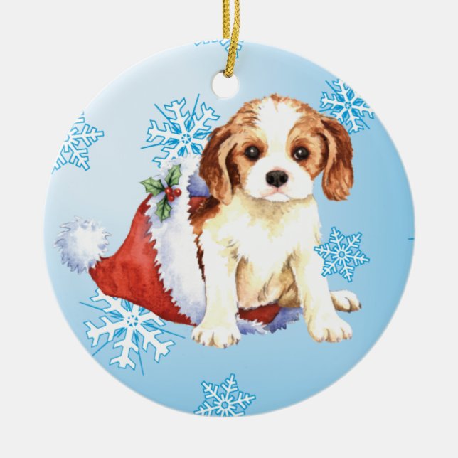 Happy Howliday Cavalier Ceramic Ornament (Front)