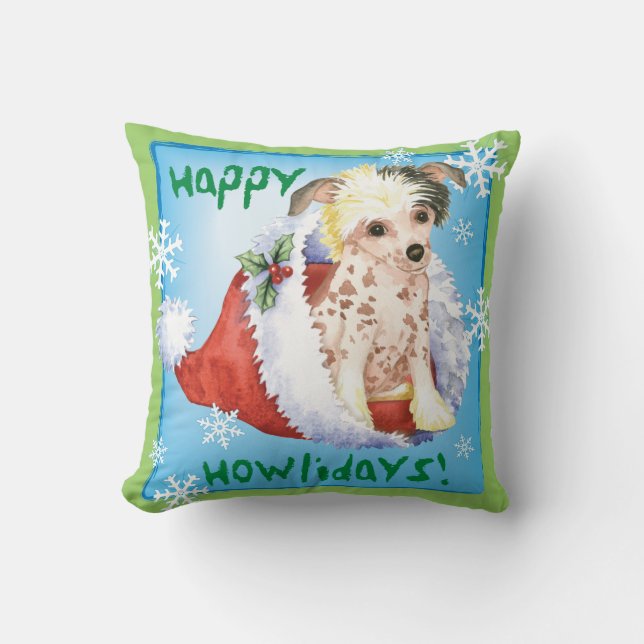Happy Howliday Chinese Crested Throw Pillow (Front)