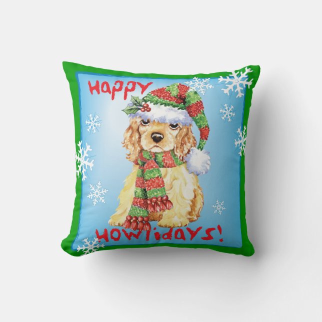 Happy Howliday Cocker Spaniel Throw Pillow (Front)
