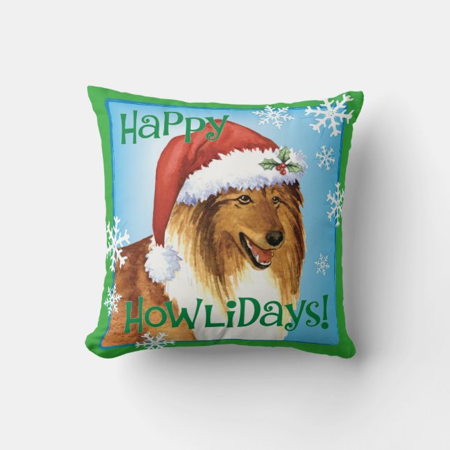 Happy Howliday Collie Throw Pillow (Front)