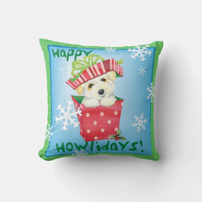 Happy Howliday Coton Throw Pillow (Front)