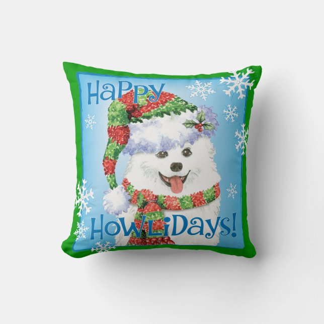 Happy Howliday Eskimo Dog Throw Pillow (Front)