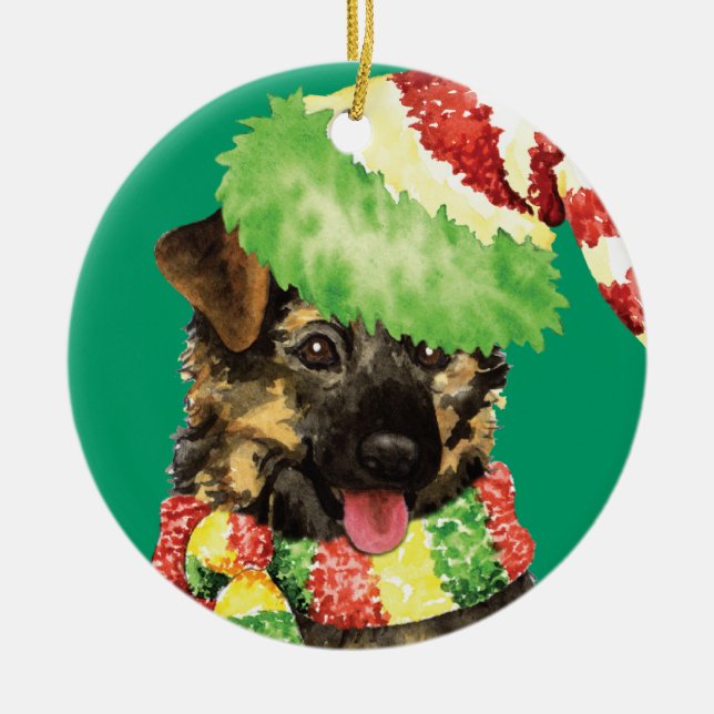Happy Howliday German Shepherd Ceramic Ornament (Front)