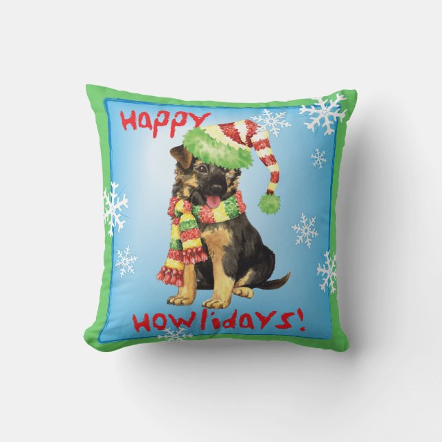 Happy Howliday German Shepherd Throw Pillow (Front)