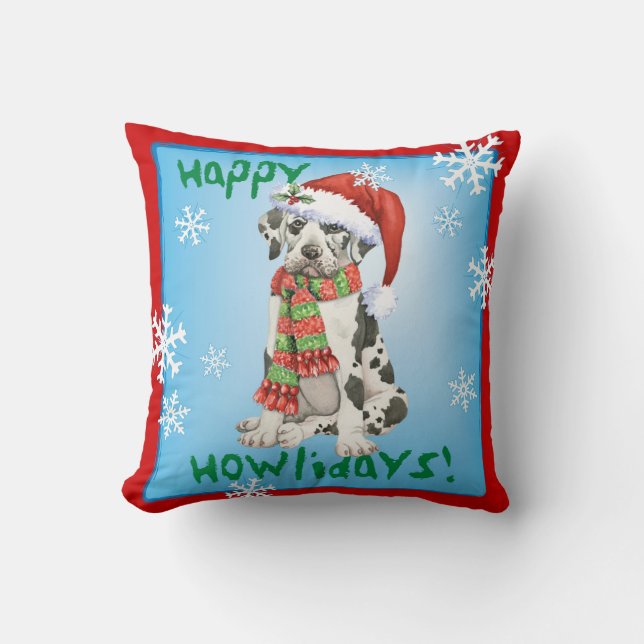 Happy Howliday Great Dane Throw Pillow (Front)