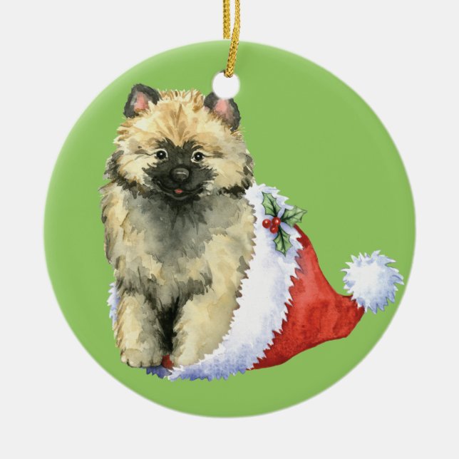 Happy Howliday Keeshond Ceramic Ornament (Front)