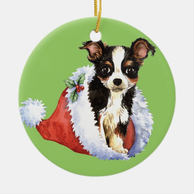 Happy Howliday Long Coat Chihuahua Ceramic Ornament (Front)