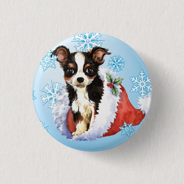 Happy Howliday Long Coat Chihuahua Pinback Button (Front)