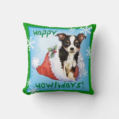 Happy Howliday Long Coat Chihuahua Throw Pillow