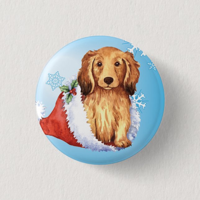 Happy Howliday Longhaired Dachshund Pinback Button (Front)