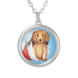 Happy Howliday Longhaired Dachshund Silver Plated Necklace
