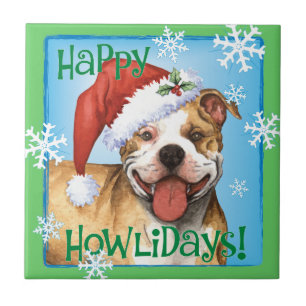 Happy Howliday Pit Bull Terrier Ceramic Tile