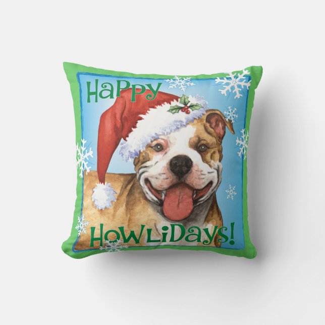Happy Howliday Pit Bull Terrier Throw Pillow (Front)