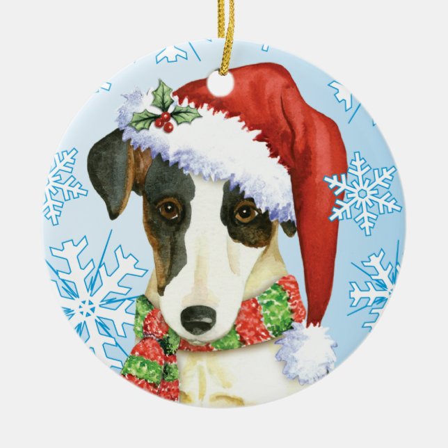 Happy Howliday Smooth Fox Terrier Ceramic Ornament (Front)