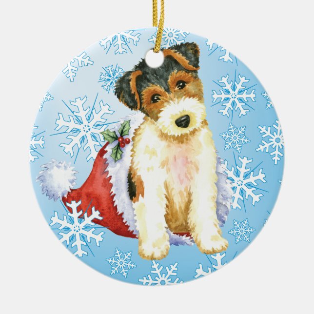 Happy Howliday Wire Fox Terrier Ceramic Ornament (Front)