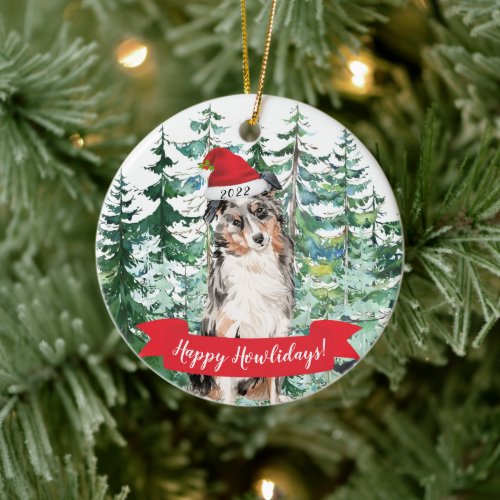 Happy Howlidays Australian Shepherd Dog Christmas  Ceramic Ornament