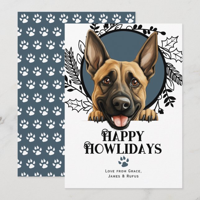 Happy Howlidays Belgian Malinois Dog Christmas Holiday Card (Front/Back)