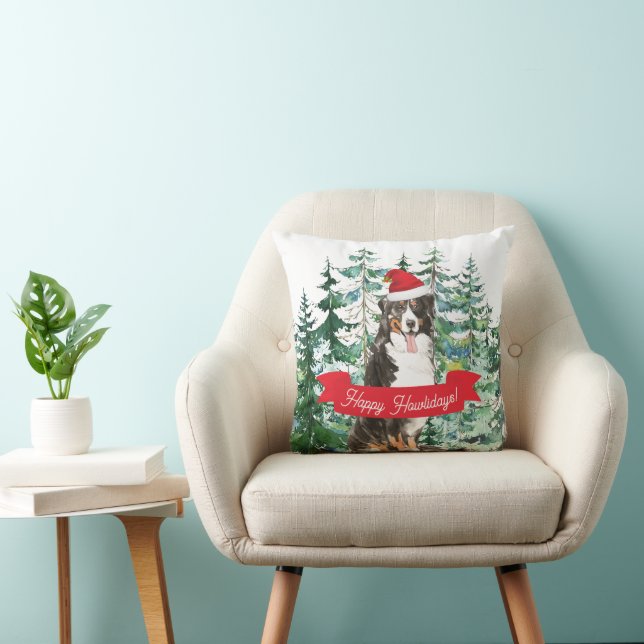 Happy Howlidays Bernese Mountain Dog Christmas Throw Pillow (Chair)