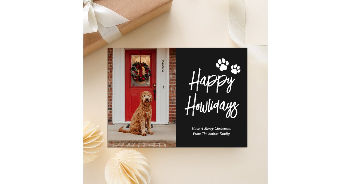 Happy Howlidays Black Calligraphy Pet Photo Holiday Card | Zazzle