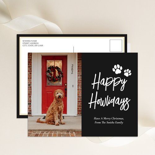 Happy Howlidays Black Calligraphy Pet Photo Holiday Postcard